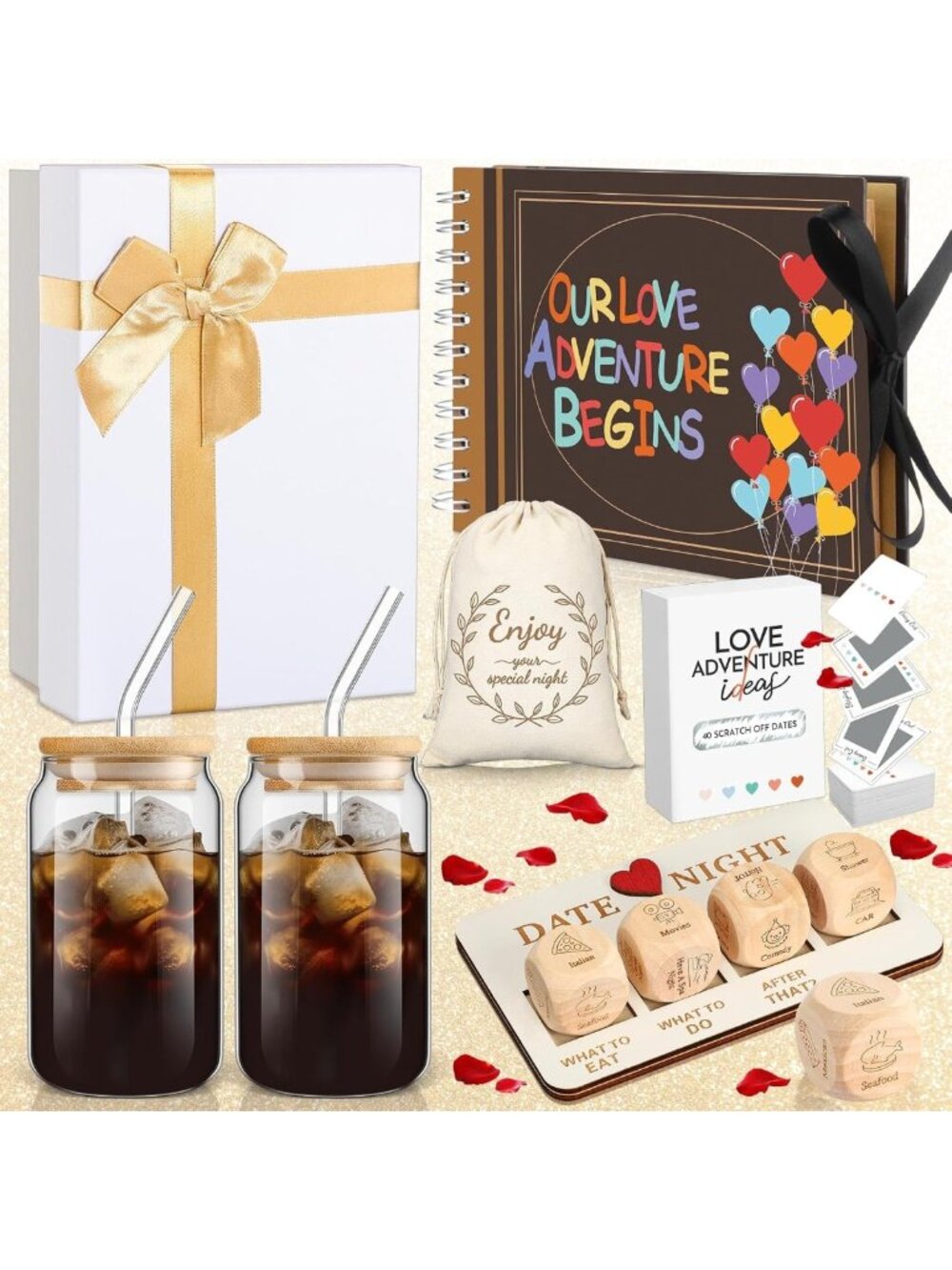 54 Pcs Date Night Gift Box for Couples - Scratch Off Date Ideas, Dice & Cards